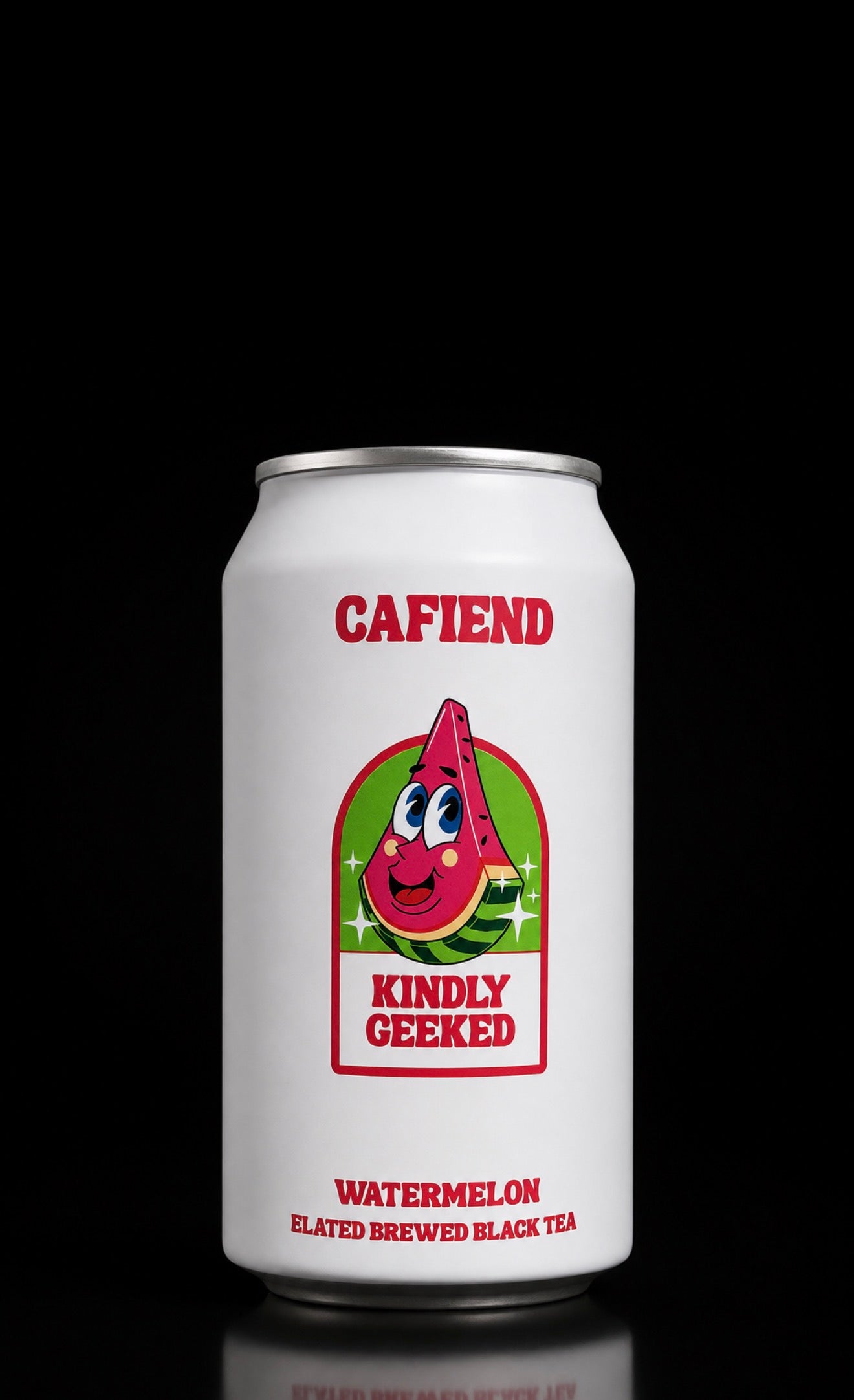 A white aluminum can of Cafiend watermelon-flavored elated brewed black tea, featuring a cartoon watermelon slice character and the words 'Kindly Geeked', set against a solid black background.