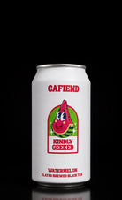A white aluminum can of Cafiend watermelon-flavored elated brewed black tea, featuring a cartoon watermelon slice character and the words 'Kindly Geeked', set against a solid black background.